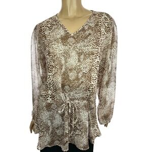 Susan Graver/Style Size M Blouse/Top Brown & White Sheer Long Sleeve Polyester